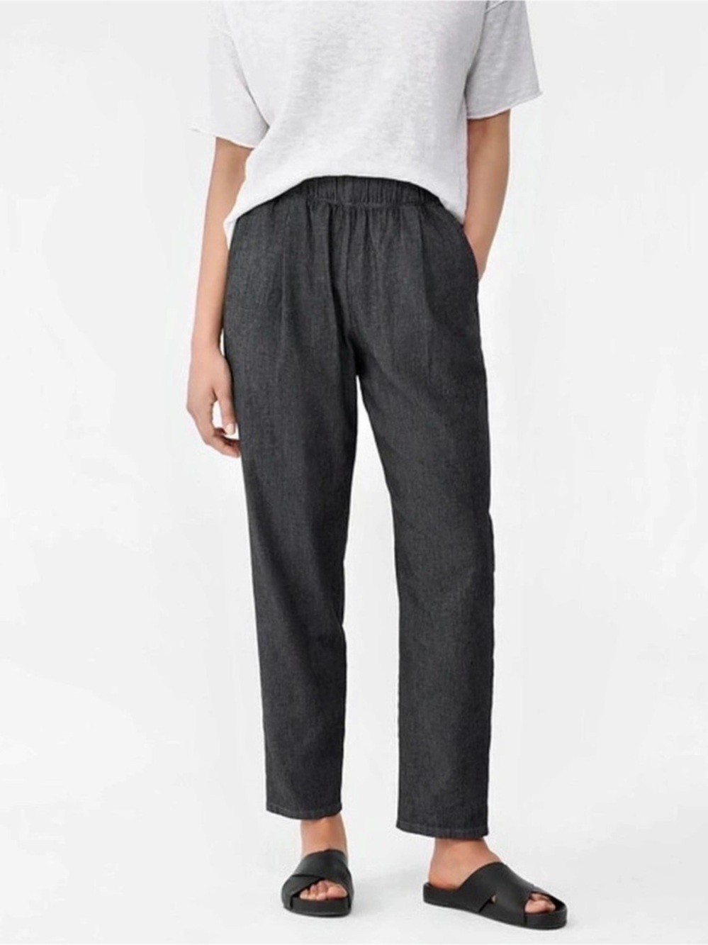 NWT Eileen Fisher Airy Organic Cotton Twill Tapered Ankle Pants Black (Orig $16